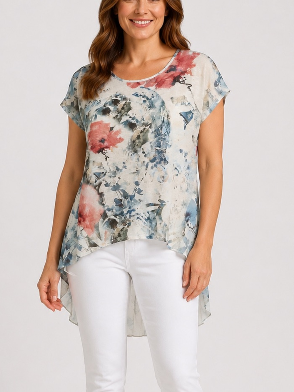 Chico’s Size 1 Floral Abstract Pleated Back Top Sheer Overlay High Low Blouse M